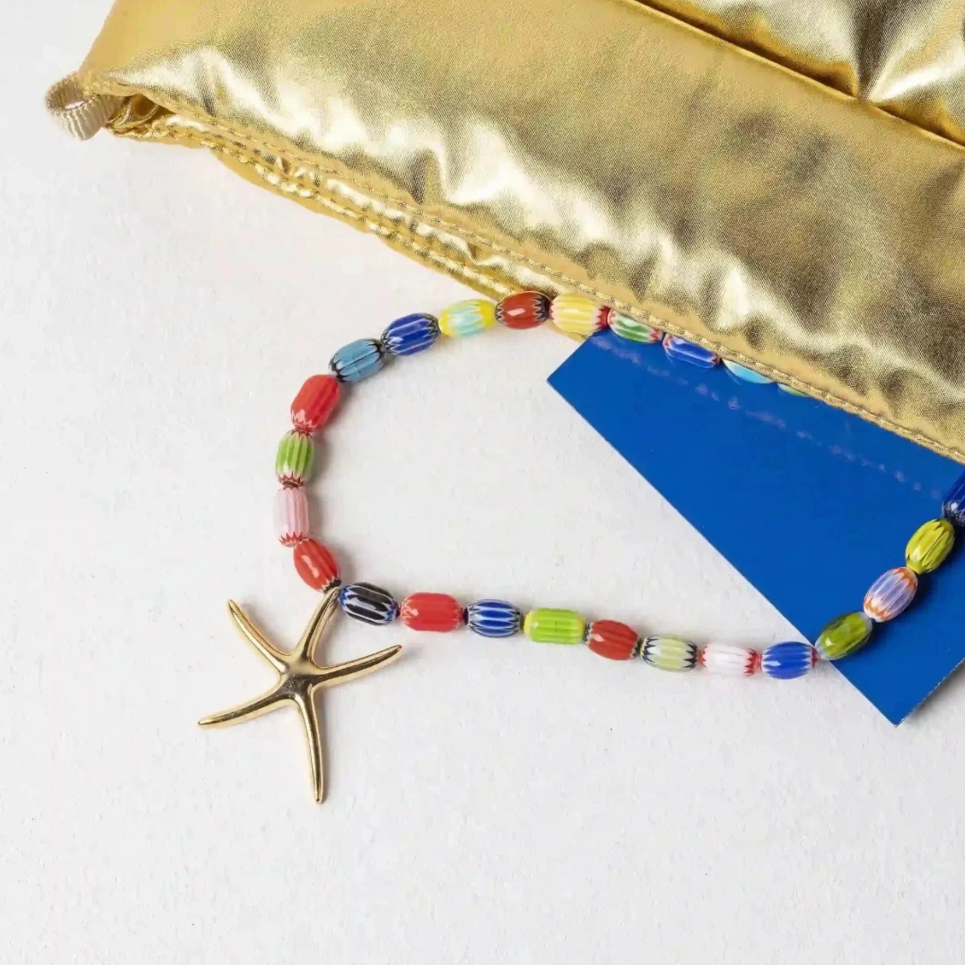 collier aster perles verre multicolores pendentif etoile de mer dore bijou femme