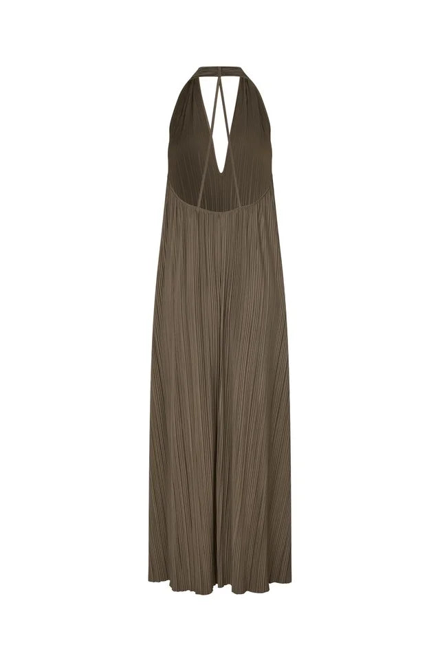 robe plissée marron Samsoe Sacille dos ouvert bretelles tour de cou femme