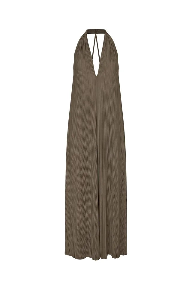 robe longue plissée Samsoe Samsoe Sacille marron coupe ample col V femme