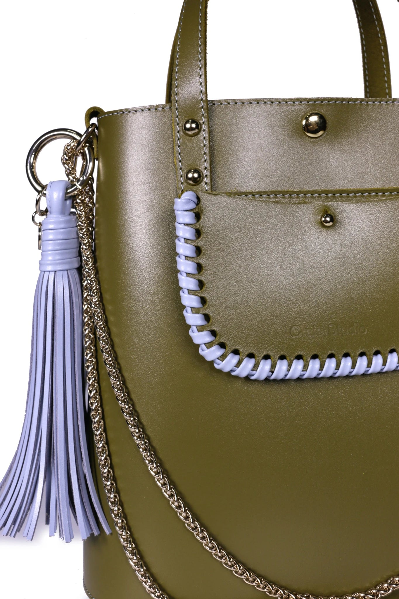 sac craie studio grand ame kaki detail pompon cuir bleu air
