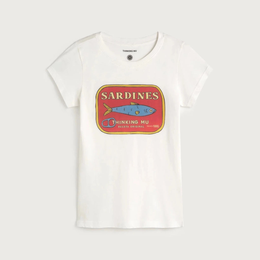 t-shirt Thinking Mu sardines blanc coupe slim coton bio femme imprimé poisson