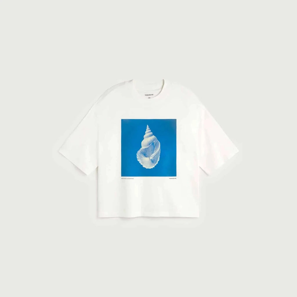 t-shirt blanc oversize Thinking Mu motif coquillage bleu coton biologique femme